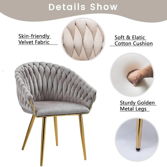 SERENITà Grey Modern Velvet Dining Chairs, Upholstered Living Room Chair with Woven Back and Golden Metal Legs, Mid-Century Accent Set of 2(Grey)