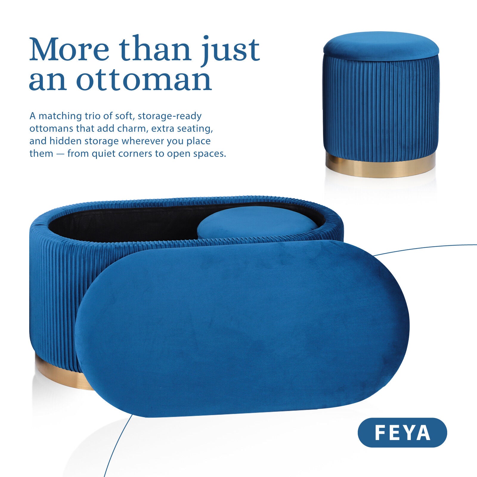 3 Piece Set Storage Ottoman - Blanket Box Velvet Padded Bench Stool FAYE BLUE