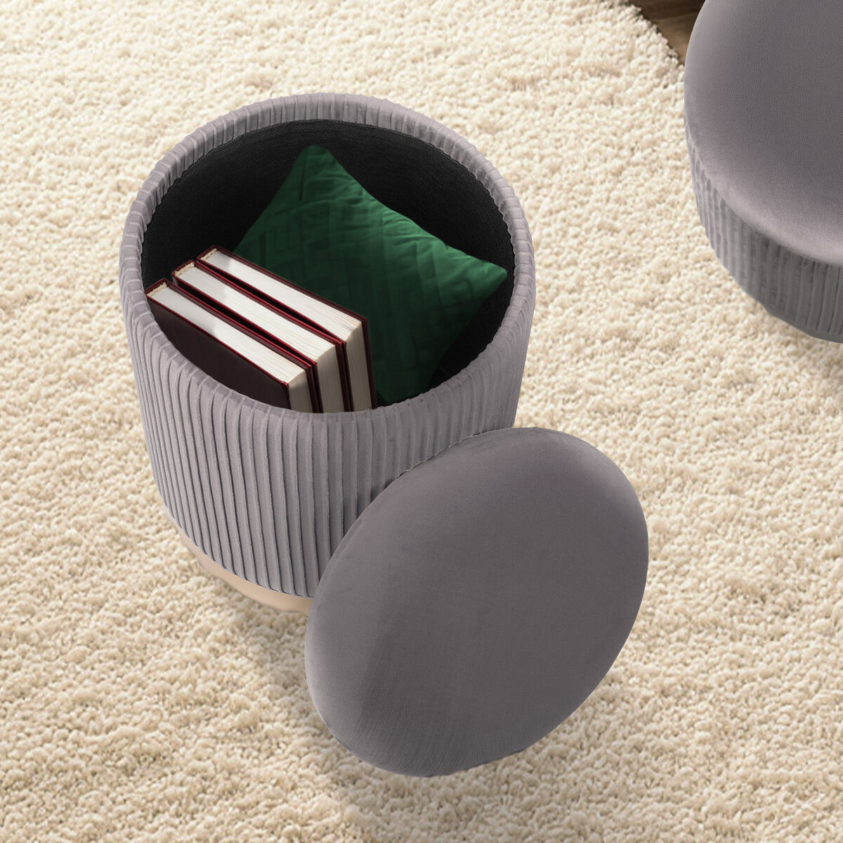 2X Side Table Storage Ottoman - Velvet Stool MIRA Grey