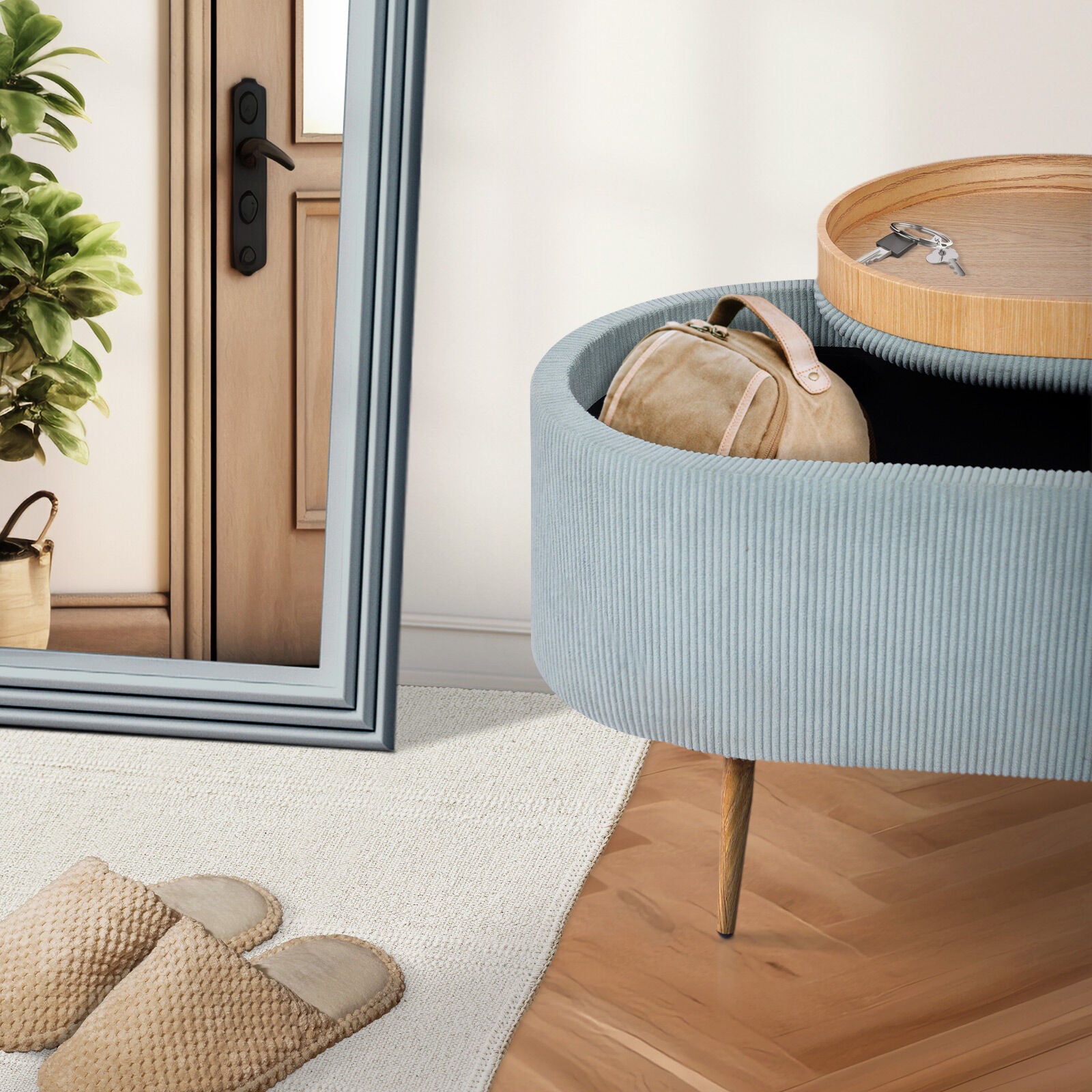 Coffee Table Storage Ottoman - Corduroy Padded Blanket Box Bench ESME - DUSTY BLUE