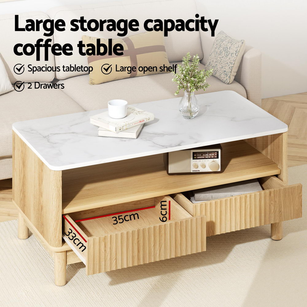 Artiss Coffee Table Drawer Shelf Marble Effect Wood&White
