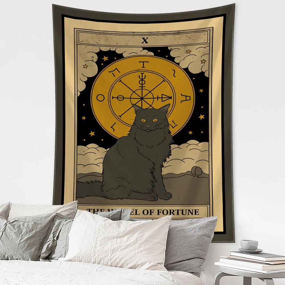 Cartoon Cat Tarot Tapestry Wall Hanging Mysterious Psychedelic Witchcraft Tapiz Hippie Kawaii Home Decor