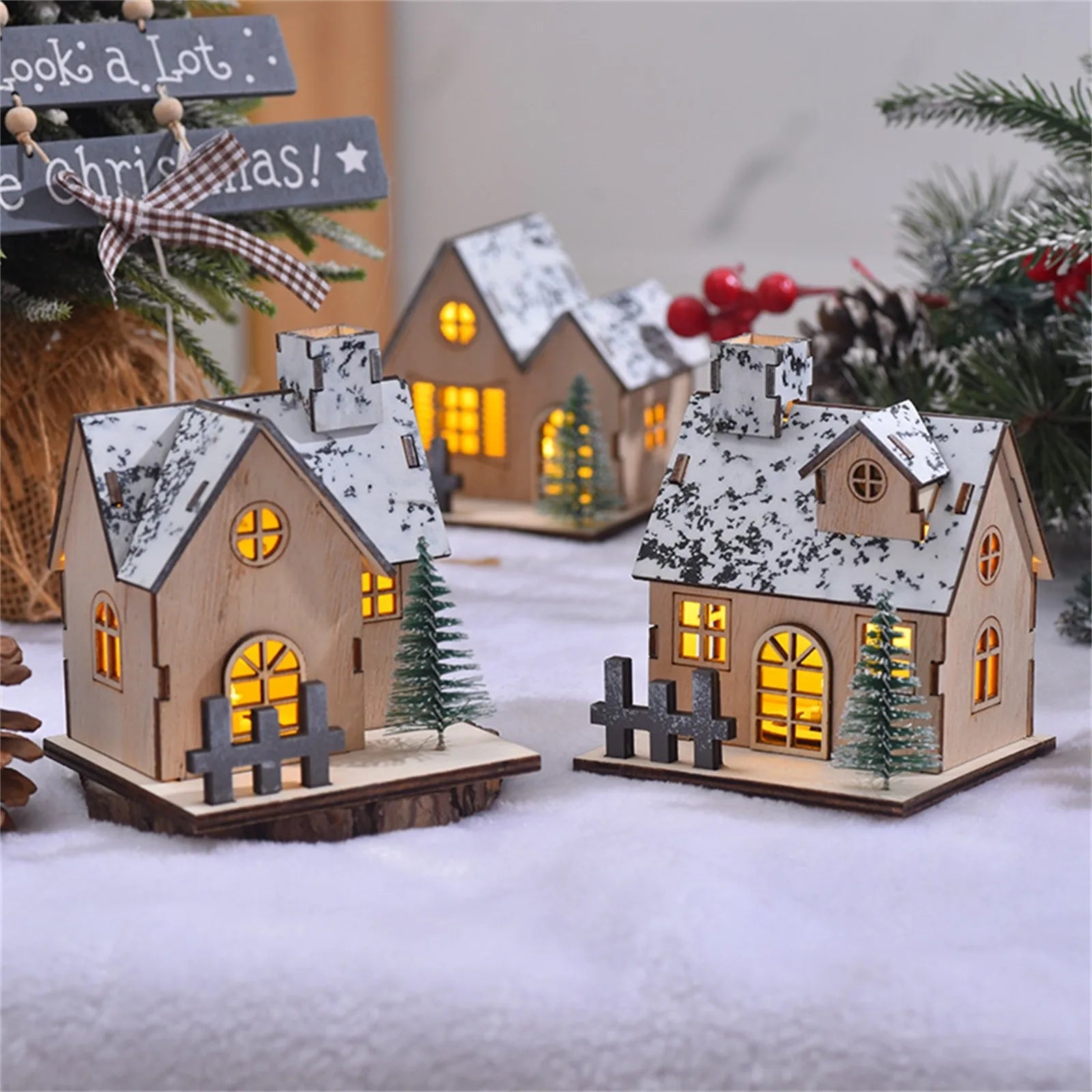 Glowing Christmas Cabin House with LED Lights - Christmas Story Village Houses Festival Ornament, Atmosphere Decor Props