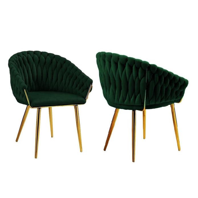SERENITà Emerald Green Modern Velvet Dining Chairs, Upholstered Living Room Chair with Woven Back and Golden Metal Legs, Mid-Century Accent Set of 2(GREEN)