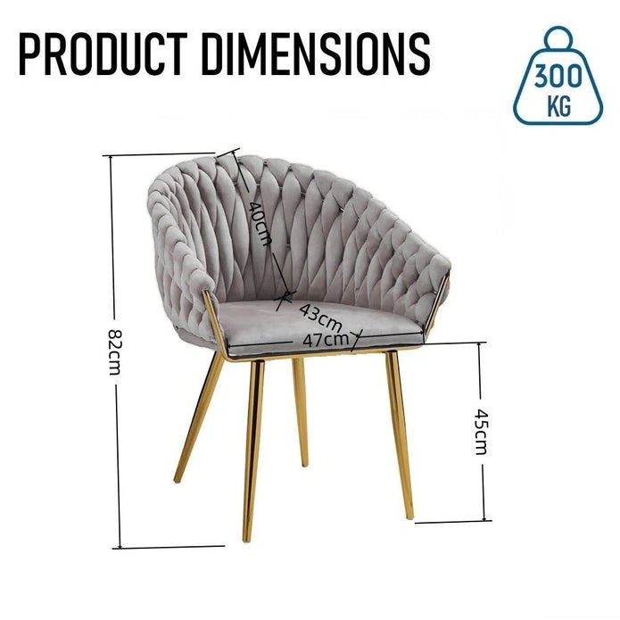 SERENITà Grey Modern Velvet Dining Chairs, Upholstered Living Room Chair with Woven Back and Golden Metal Legs, Mid-Century Accent Set of 2(Grey)