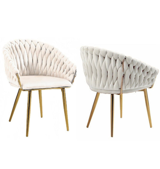 SERENITà Ivory Modern Velvet Dining Chairs, Upholstered Living Room Chair with Woven Back and Golden Metal Legs, Mid-Century Accent Set of 2(Ivory)