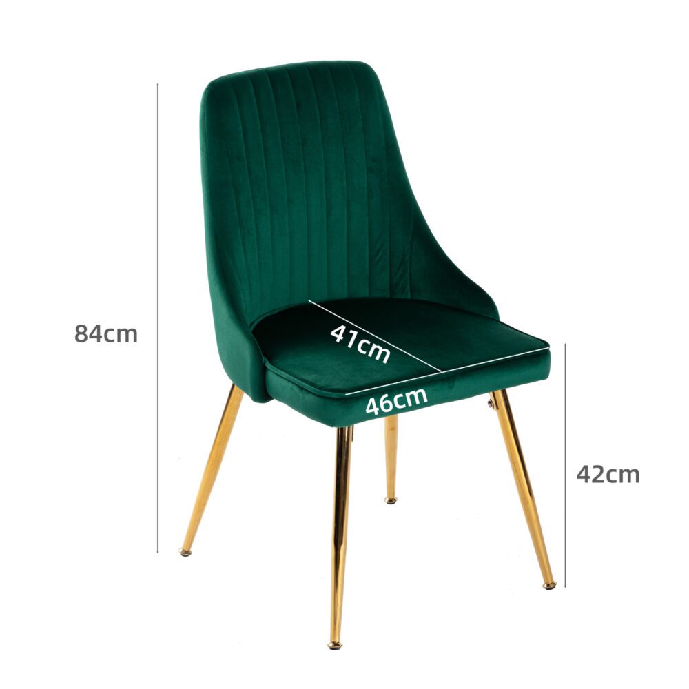 Viva Forever Set of 2 Green Velvet Dining Chairs-Art Deco Design with Gold Metal Legs