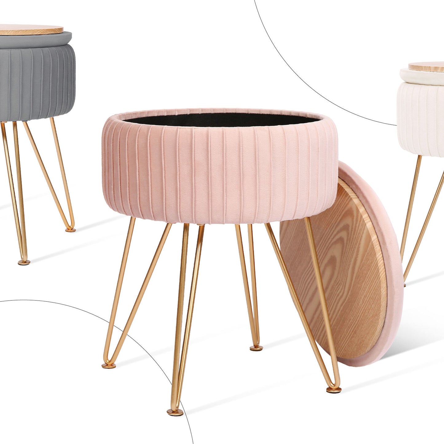 Side Table Storage Ottoman - Velvet Padded Stool Vanity Footstool REMY PINK