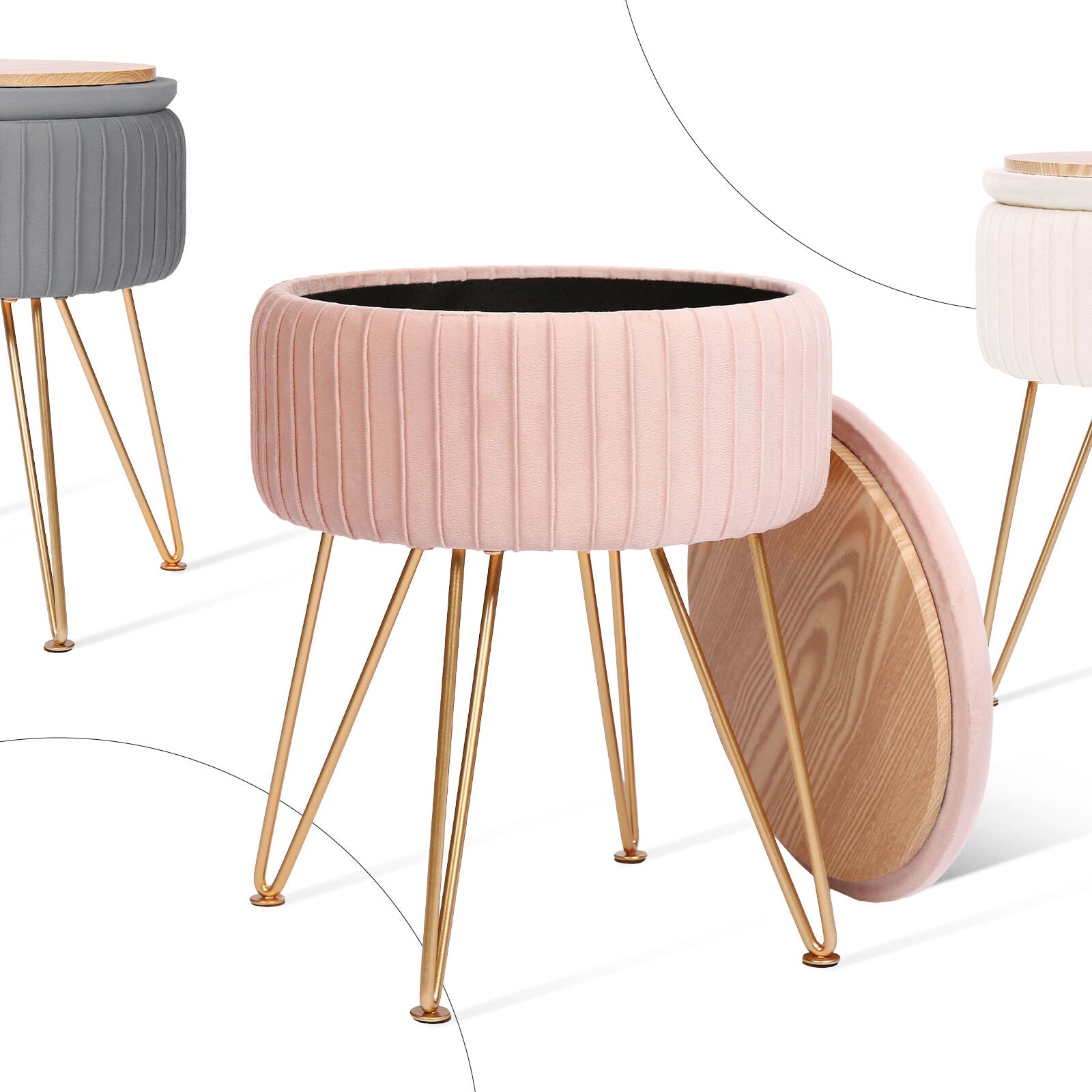 Side Table Storage Ottoman - Velvet Padded Stool Vanity Footstool REMY PINK