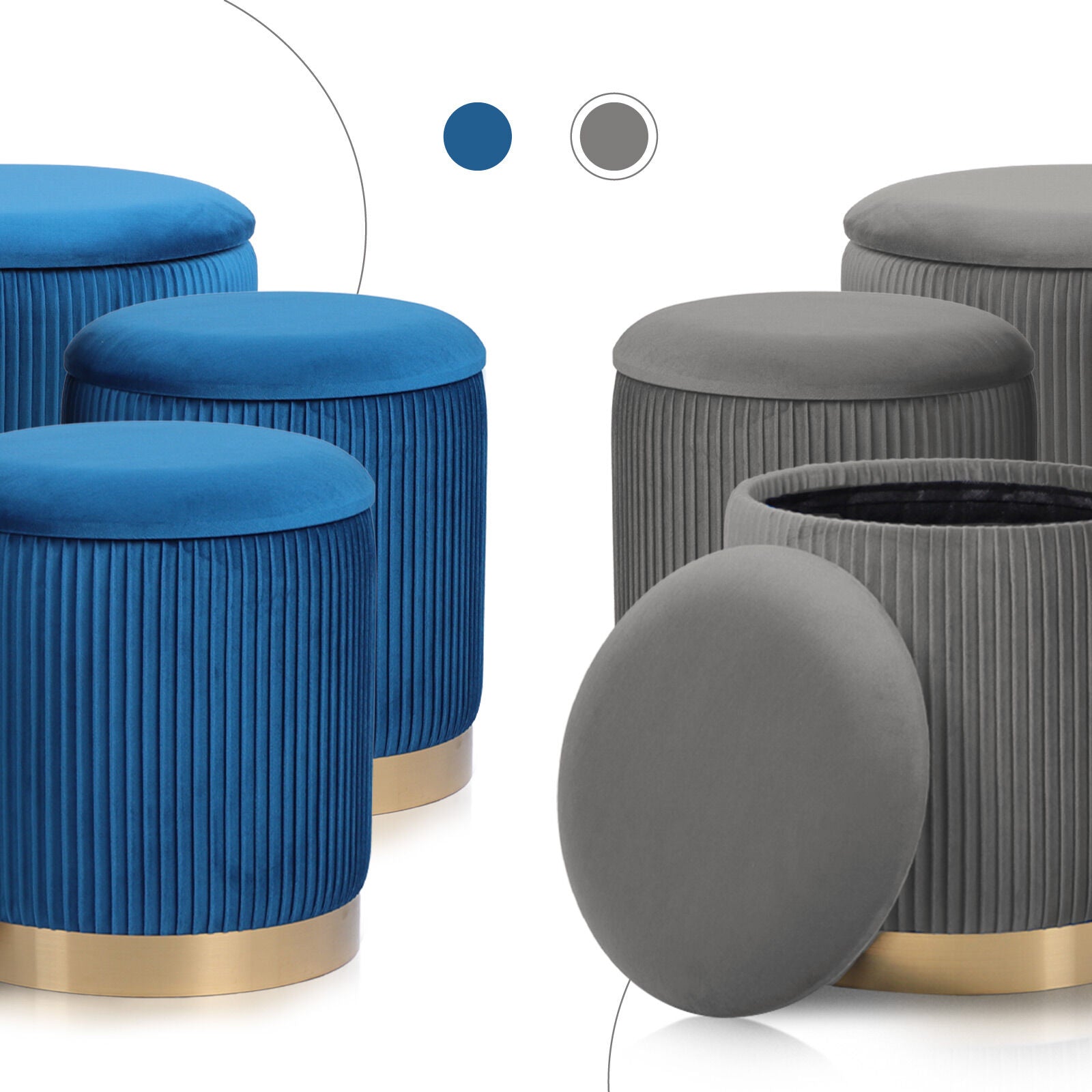 3 Piece Set Storage Ottoman - Blanket Box Velvet Padded Bench Stool FAYE GREY