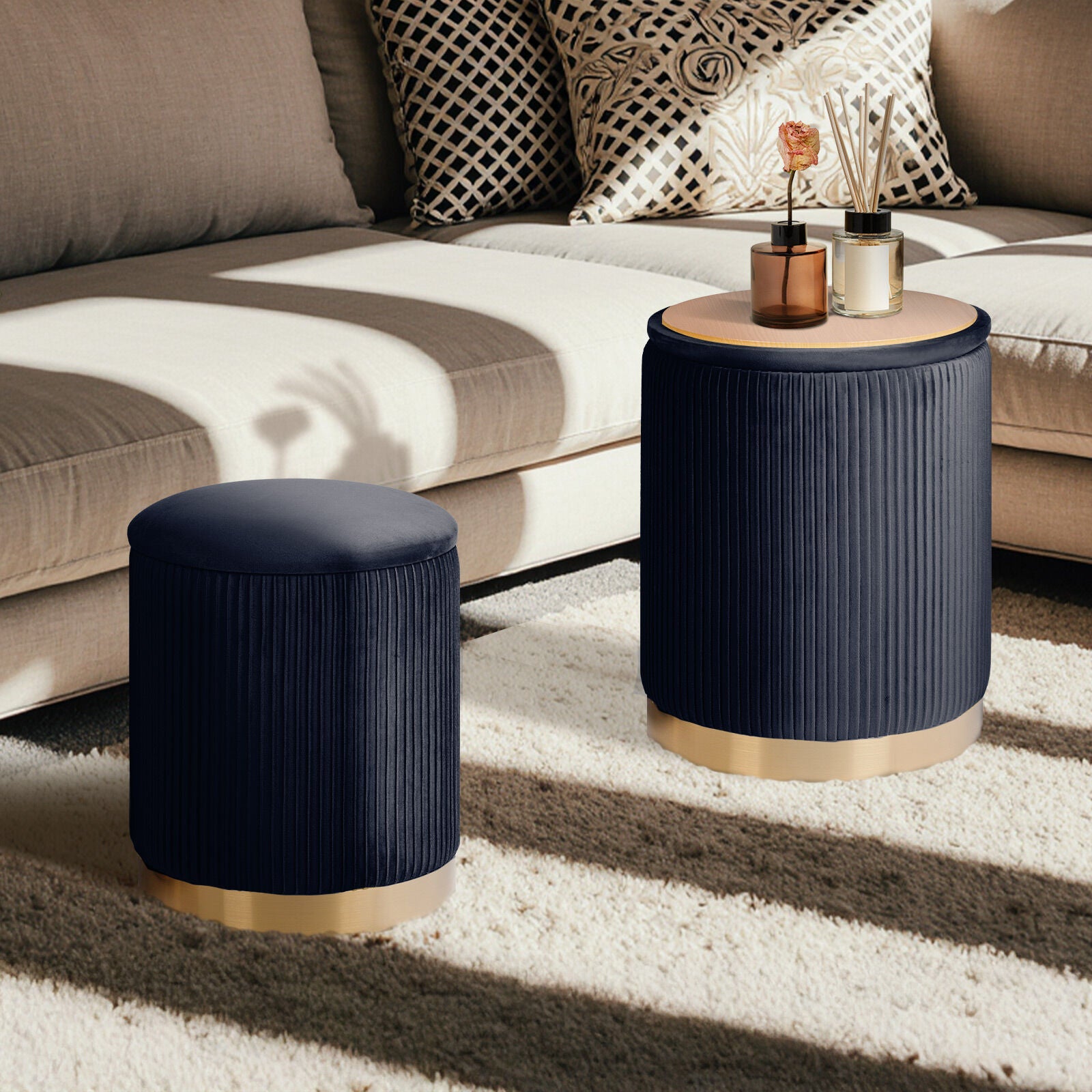 2X Side Table Storage Ottoman - Velvet Stool MIRA Black