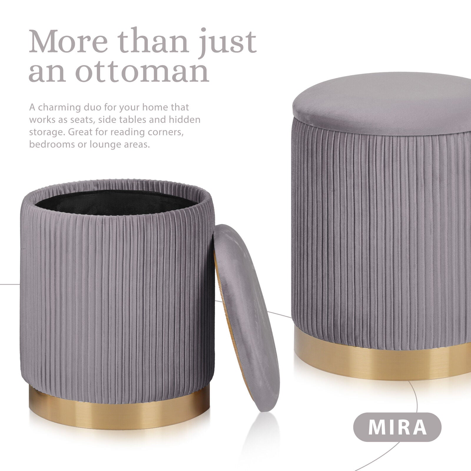 2X Side Table Storage Ottoman - Velvet Stool MIRA Grey