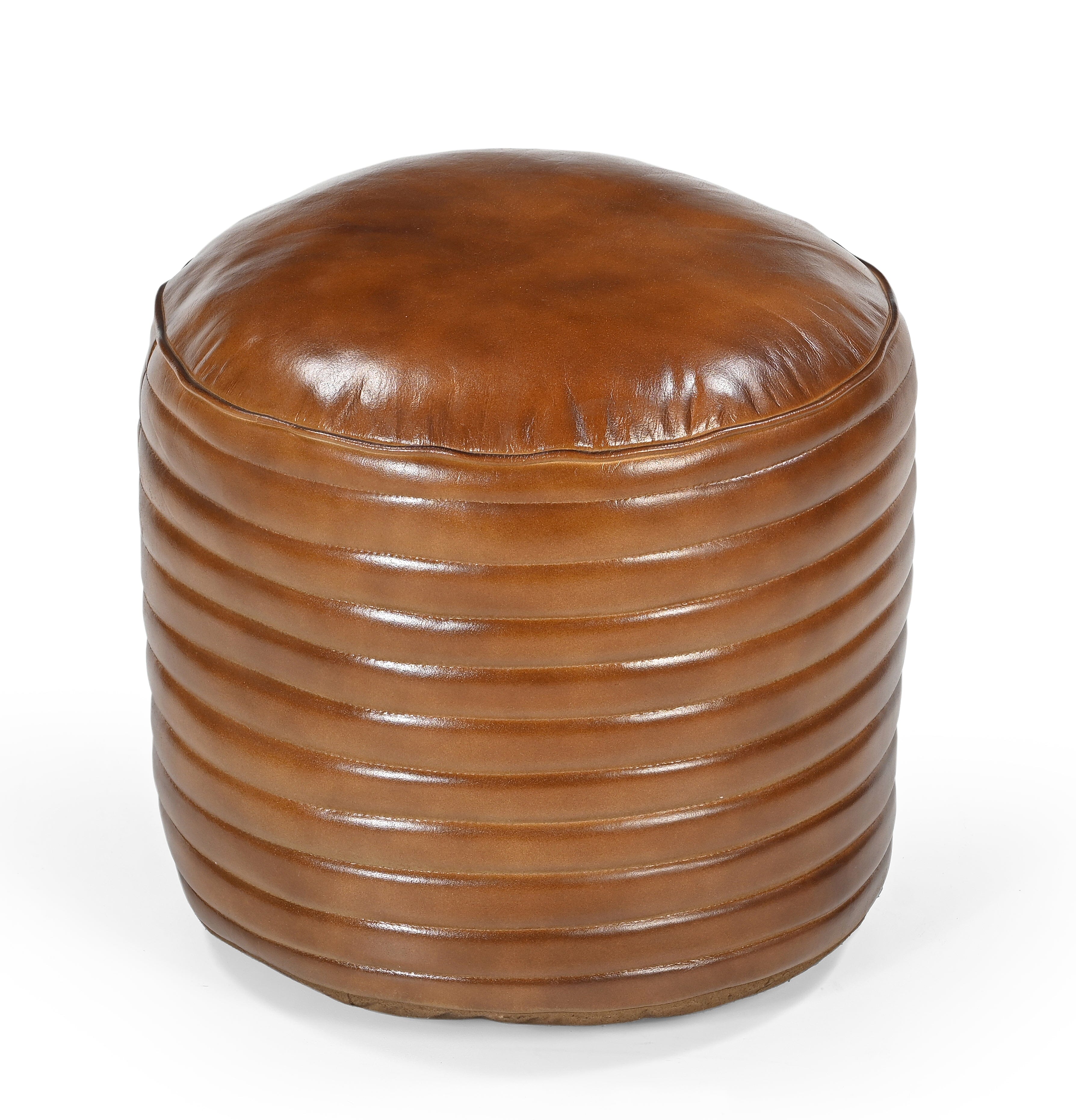CARAMEL GROOVED LEATHER OTTOMAN